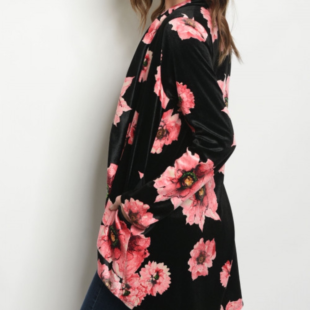 LAST 1! SATEEN VELVET FLORAL CARDIGAN with pockets - Picture 3 of 6